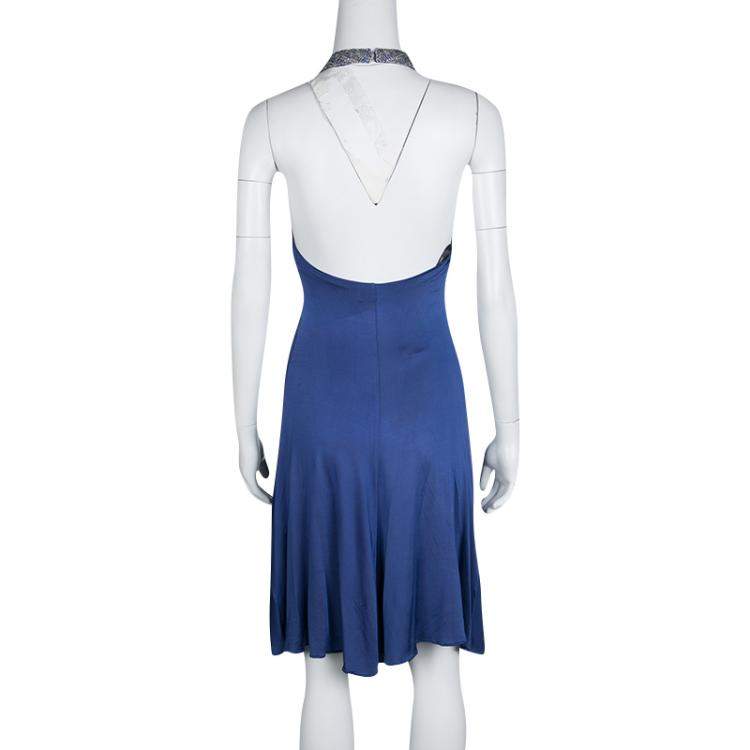 Pre Owned Roberto Cavalli Blue Knit Bead Embellished Halter Dress M