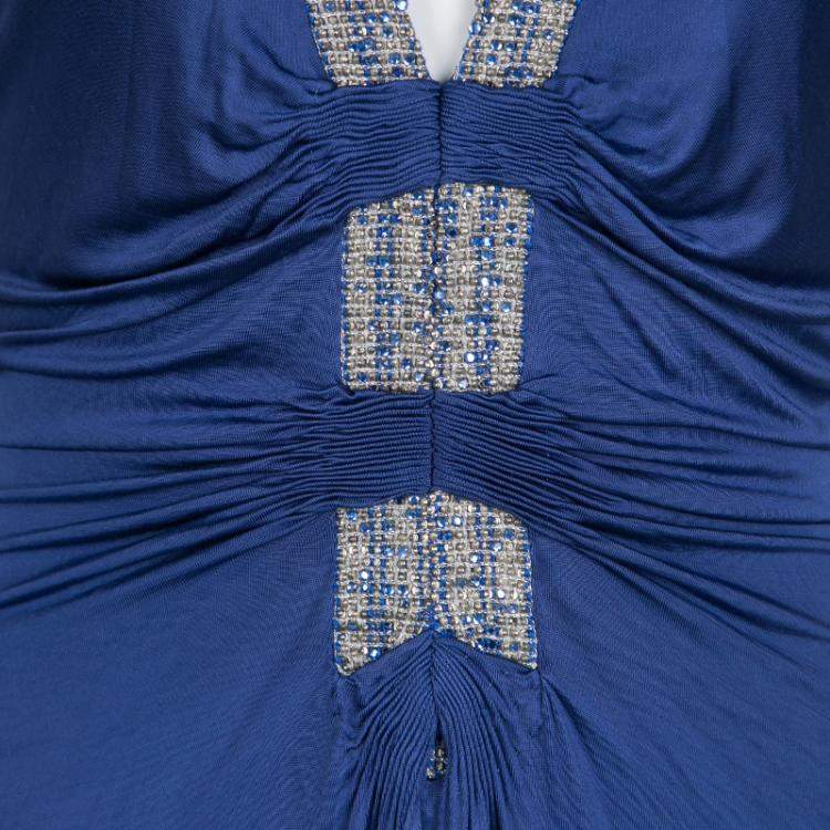 Pre Owned Roberto Cavalli Blue Knit Bead Embellished Halter Dress M