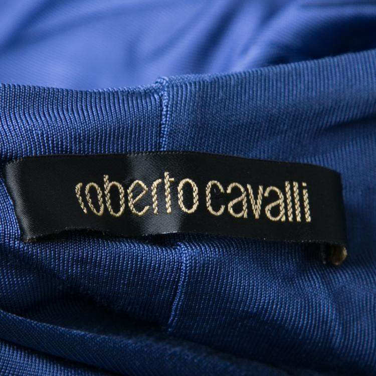 Pre Owned Roberto Cavalli Blue Knit Bead Embellished Halter Dress M