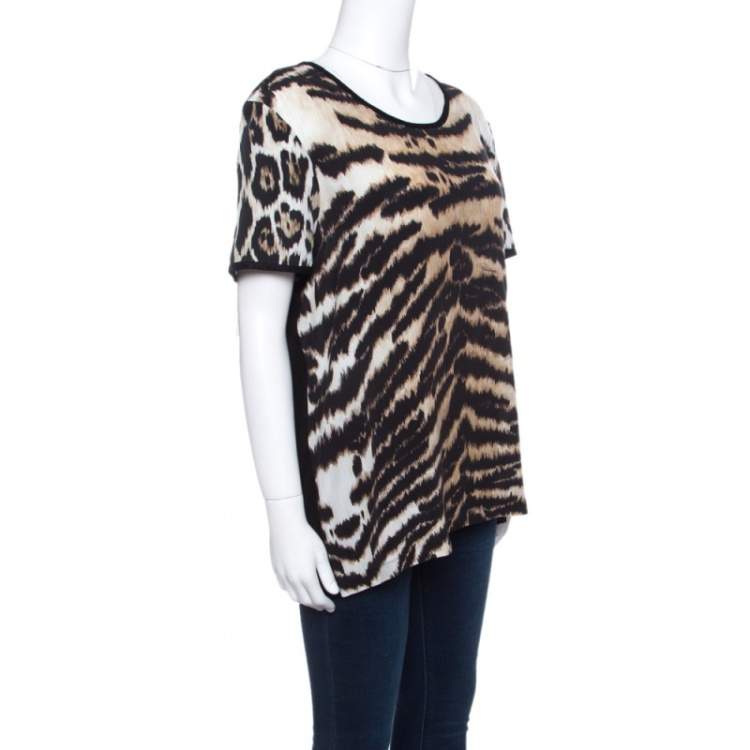 Pre Owned Roberto Cavalli Animal Printed Jersey and Silk Short Sleeve Top L