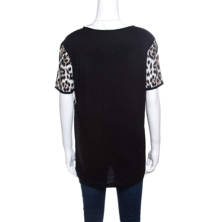 Pre Owned Roberto Cavalli Animal Printed Jersey and Silk Short Sleeve Top L