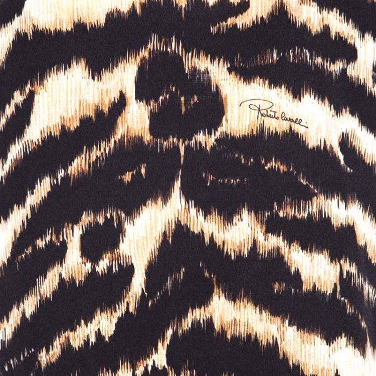 Pre Owned Roberto Cavalli Animal Printed Jersey and Silk Short Sleeve Top L