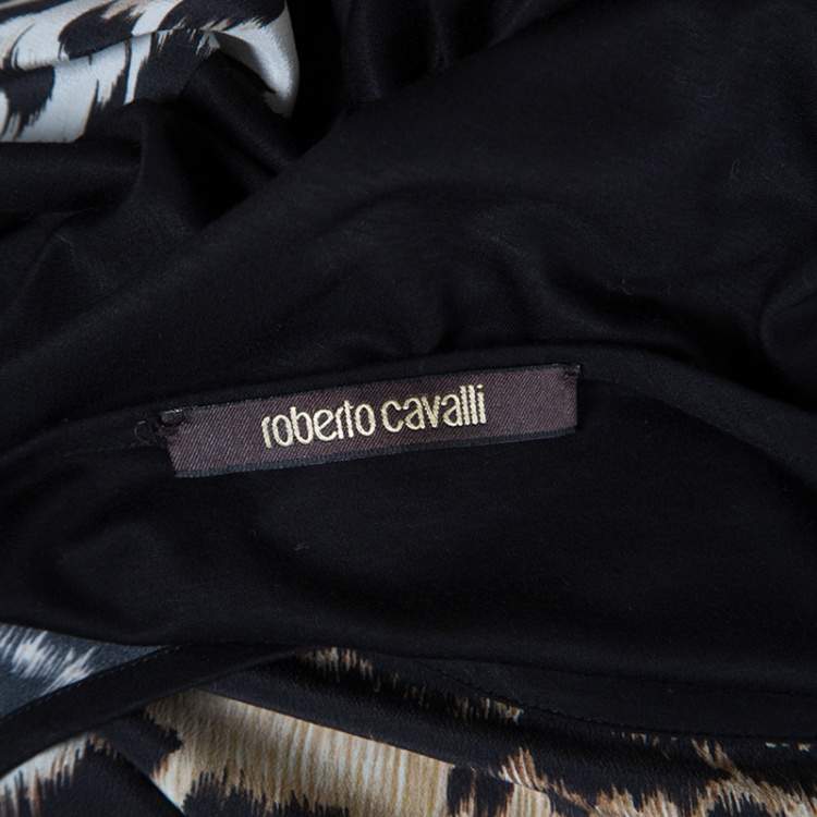 Pre Owned Roberto Cavalli Animal Printed Jersey and Silk Short Sleeve Top L