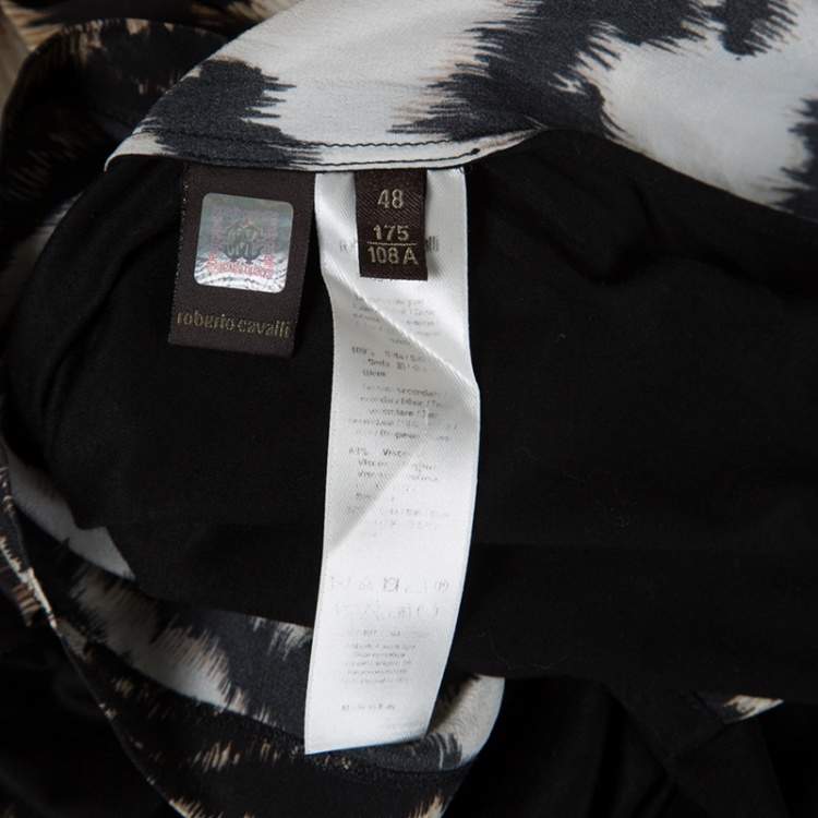 Pre Owned Roberto Cavalli Animal Printed Jersey and Silk Short Sleeve Top L