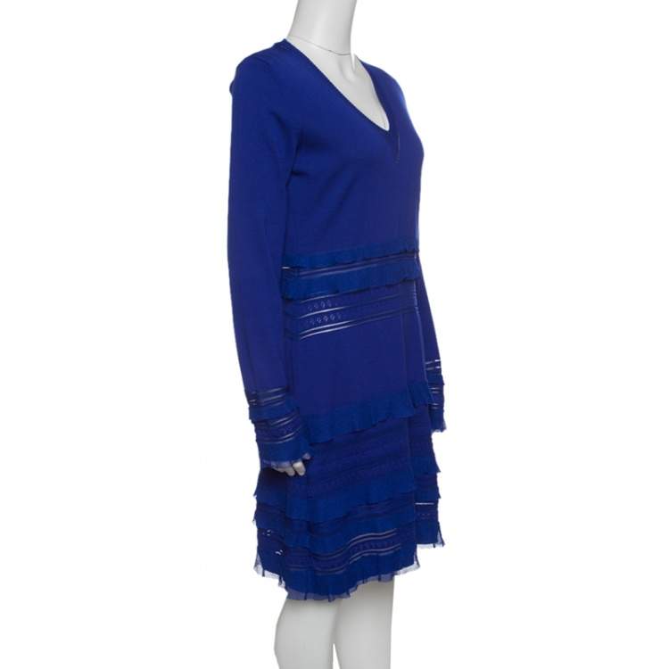 Pre Owned Roberto Cavalli Navy Blue Perforated Knit Ruffle Detail Long Sleeve Dress L