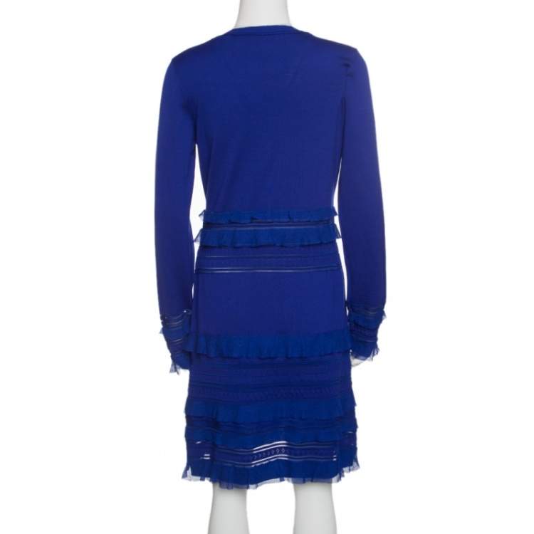 Pre Owned Roberto Cavalli Navy Blue Perforated Knit Ruffle Detail Long Sleeve Dress L