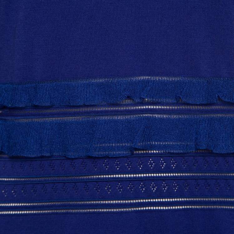 Pre Owned Roberto Cavalli Navy Blue Perforated Knit Ruffle Detail Long Sleeve Dress L