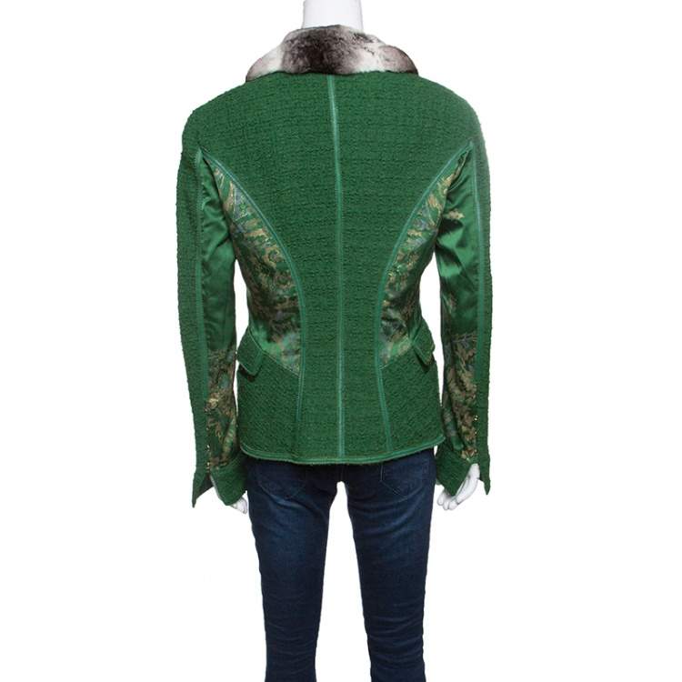 Pre Owned Roberto Cavalli Green Textured Wool Fur Trim Jacket M