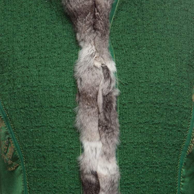 Pre Owned Roberto Cavalli Green Textured Wool Fur Trim Jacket M