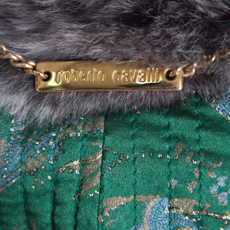 Pre Owned Roberto Cavalli Green Textured Wool Fur Trim Jacket M