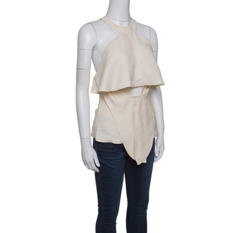 Pre Owned Roberto Cavalli Firenze Beige Linen Ruffled Front Tie Detail Sleeveless Top S