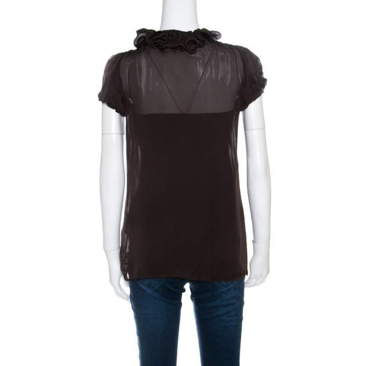 Pre Owned Roberto Cavalli Brown Ruffled Silk Sheer Blouse S