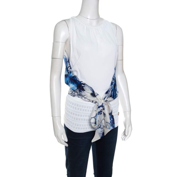 Pre Owned Roberto Cavalli White and Blue Printed Cutout Back Front Tie Sleeveless Top S