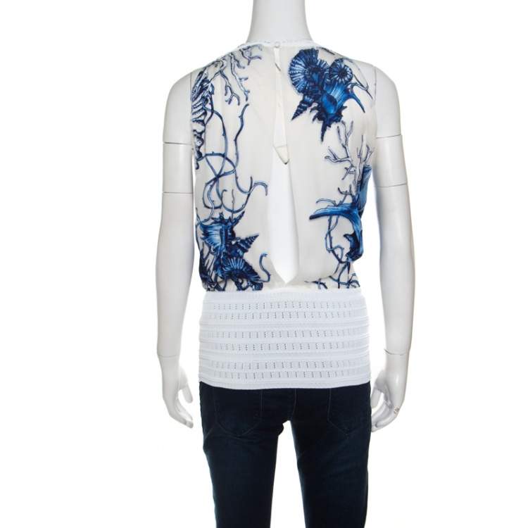 Pre Owned Roberto Cavalli White and Blue Printed Cutout Back Front Tie Sleeveless Top S