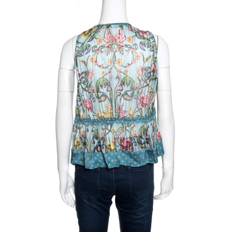 Pre Owned Roberto Cavalli Blue Floral Printed Silk Ruffled Feather Tie Detail Blouse M