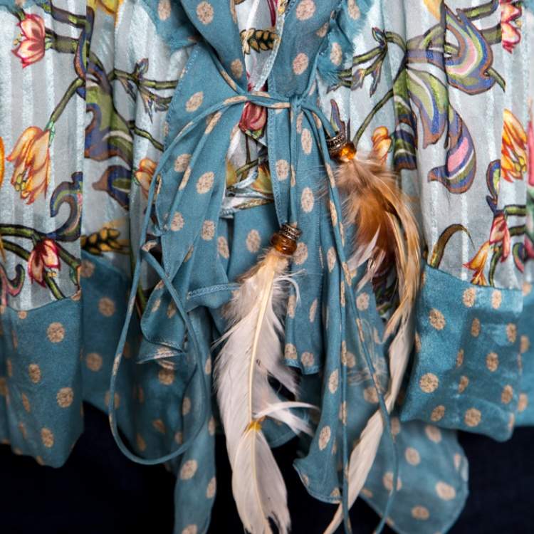 Pre Owned Roberto Cavalli Blue Floral Printed Silk Ruffled Feather Tie Detail Blouse M