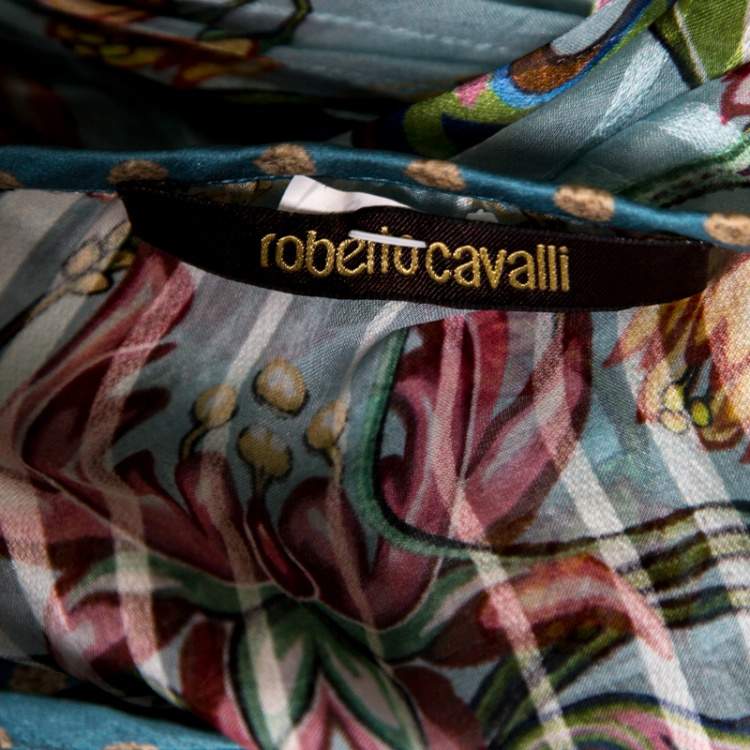 Pre Owned Roberto Cavalli Blue Floral Printed Silk Ruffled Feather Tie Detail Blouse M