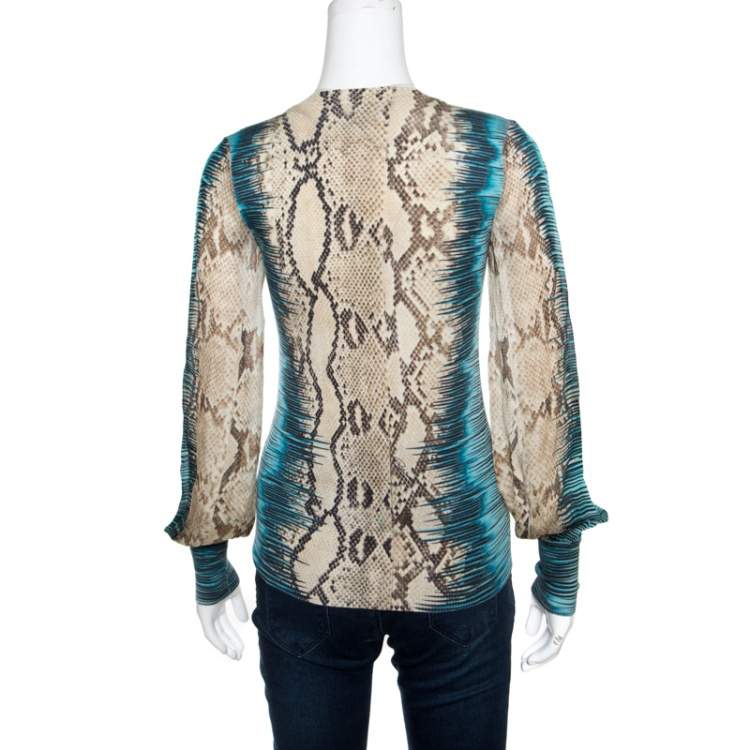 مملوكة مسبقًا Roberto Cavalli Snakeskin Print Punto Stoffa V Neck Blouse S
