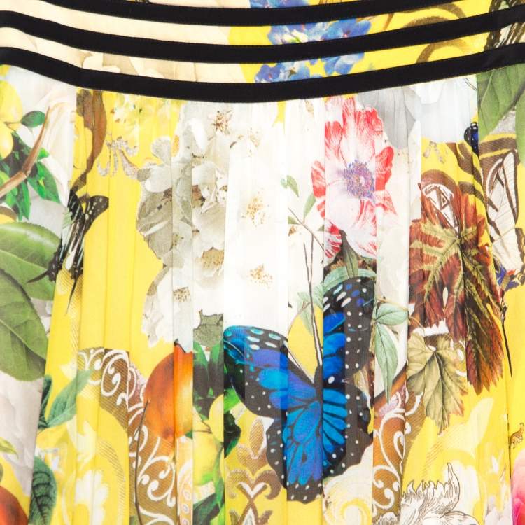 Pre Owned Roberto Cavalli Yellow Wonderland Printed Silk Flounce Bottom Maxi Skirt S