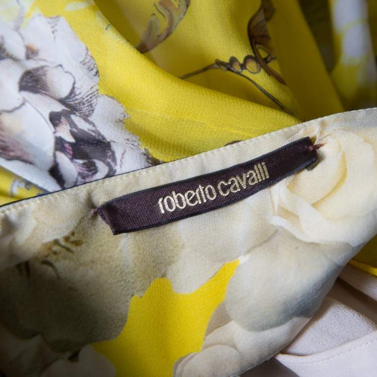 Pre Owned Roberto Cavalli Yellow Wonderland Printed Silk Flounce Bottom Maxi Skirt S