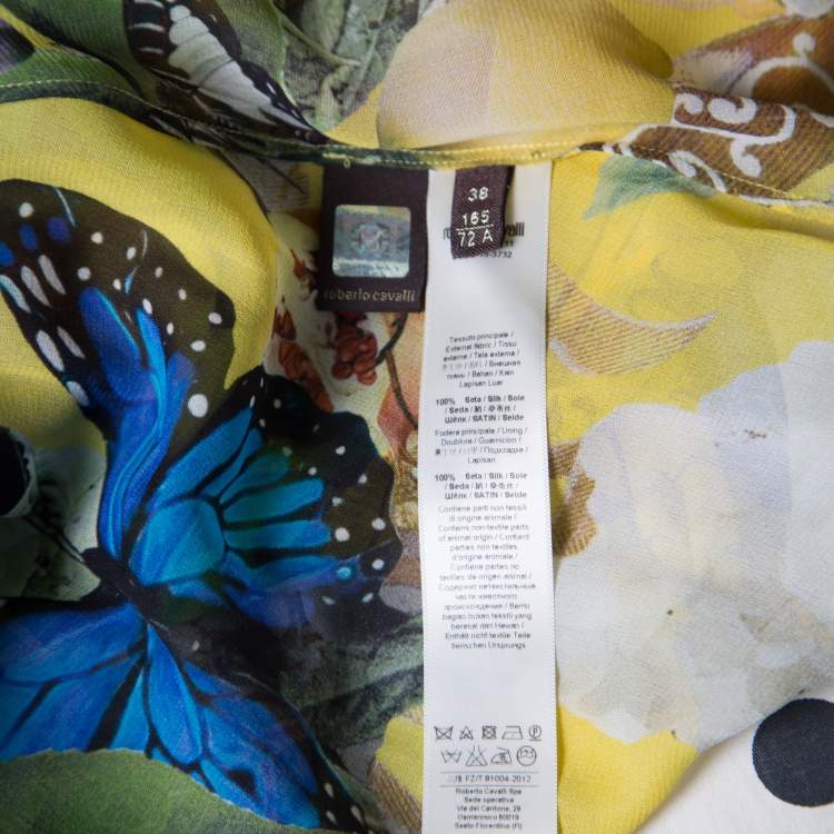 Pre Owned Roberto Cavalli Yellow Wonderland Printed Silk Flounce Bottom Maxi Skirt S