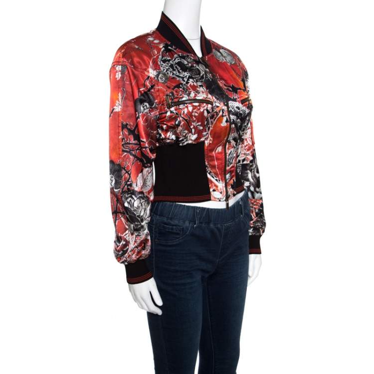 مملوكة مسبقًا Roberto Cavalli Red Floral and Snake Printed Satin Bomber Jacket S