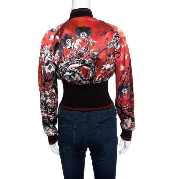 مملوكة مسبقًا Roberto Cavalli Red Floral and Snake Printed Satin Bomber Jacket S