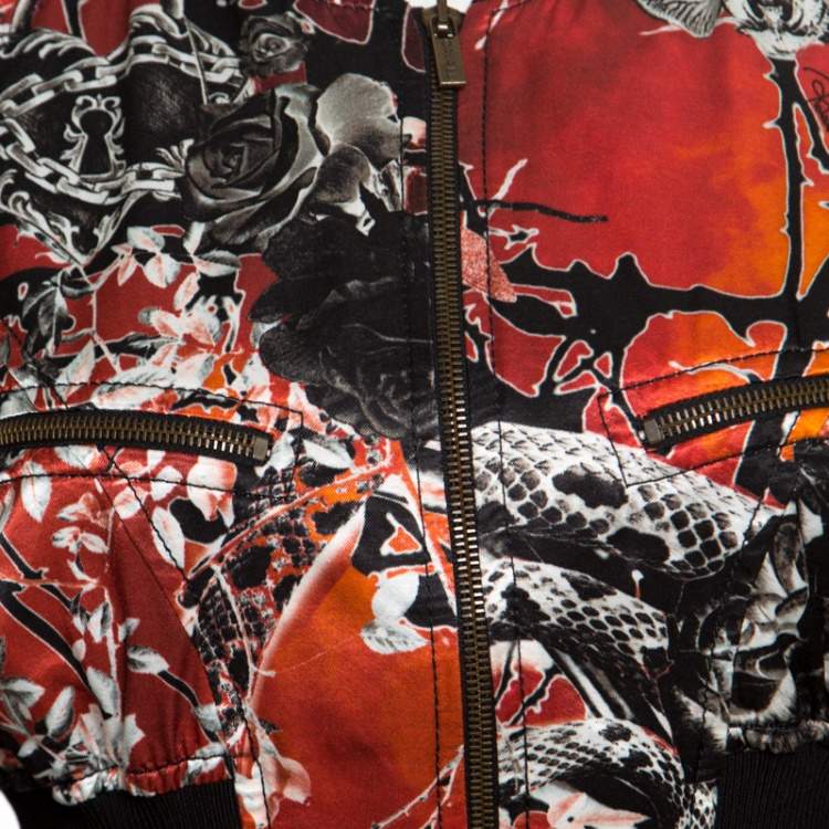 مملوكة مسبقًا Roberto Cavalli Red Floral and Snake Printed Satin Bomber Jacket S