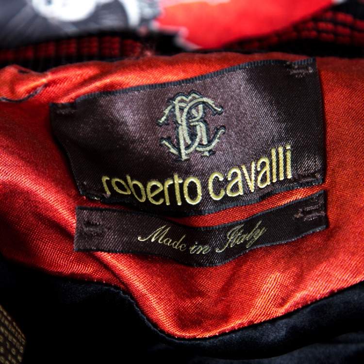مملوكة مسبقًا Roberto Cavalli Red Floral and Snake Printed Satin Bomber Jacket S