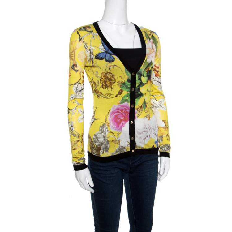 Pre Owned Roberto Cavalli Yellow Wonderland Print Silk Knit Button Front Cardigan S