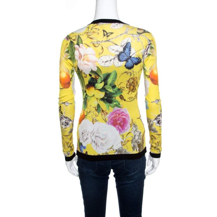 Pre Owned Roberto Cavalli Yellow Wonderland Print Silk Knit Button Front Cardigan S