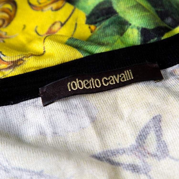 Pre Owned Roberto Cavalli Yellow Wonderland Print Silk Knit Button Front Cardigan S