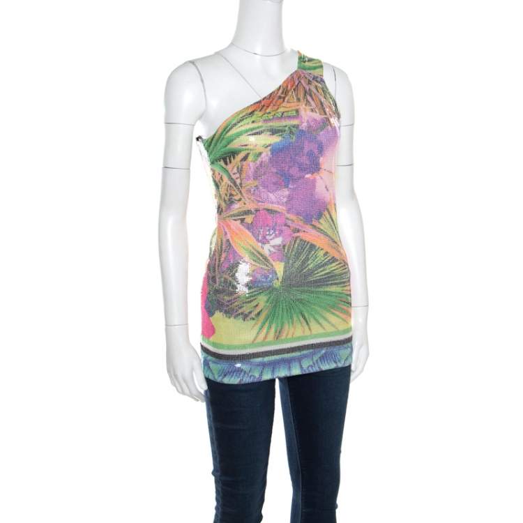 Pre Owned Roberto Cavalli Multicolor Floral Sequined One Shoulder Top S