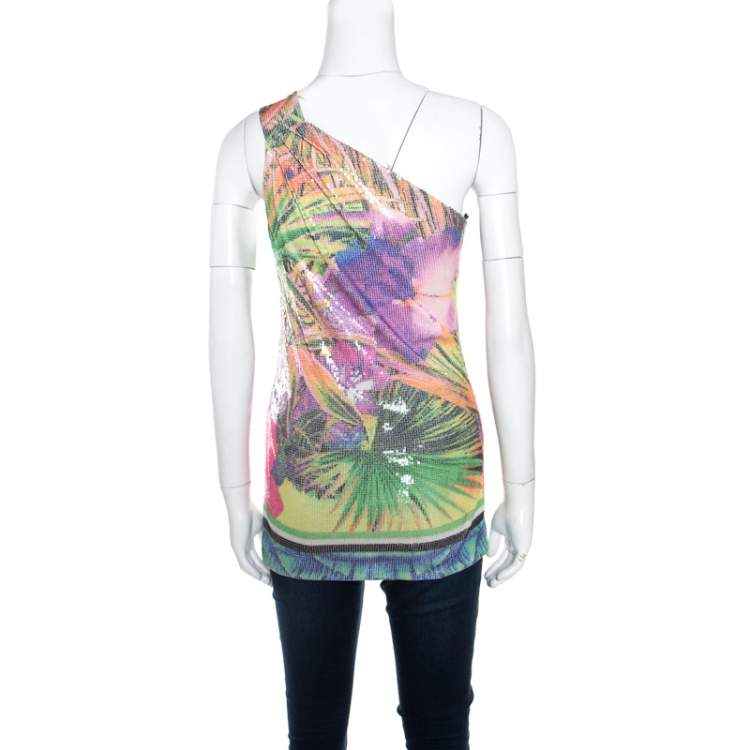 Pre Owned Roberto Cavalli Multicolor Floral Sequined One Shoulder Top S