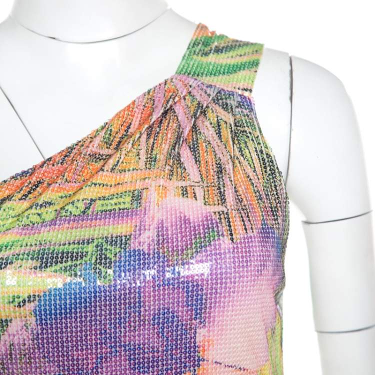 Pre Owned Roberto Cavalli Multicolor Floral Sequined One Shoulder Top S