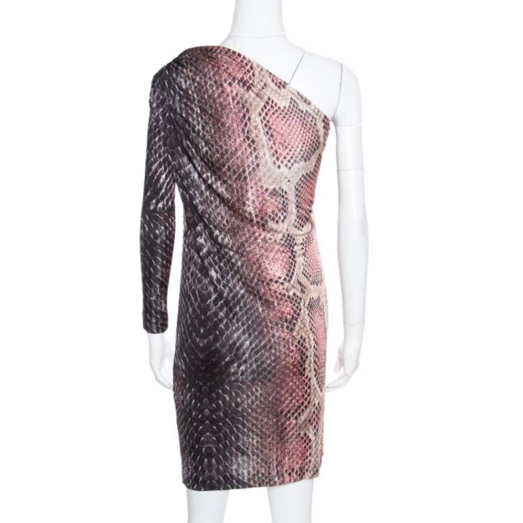 Pre Owned Roberto Cavalli Animal Printed Ruched One Shoulder Dress S