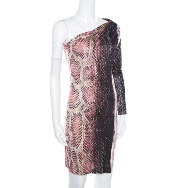 Pre Owned Roberto Cavalli Animal Printed Ruched One Shoulder Dress S