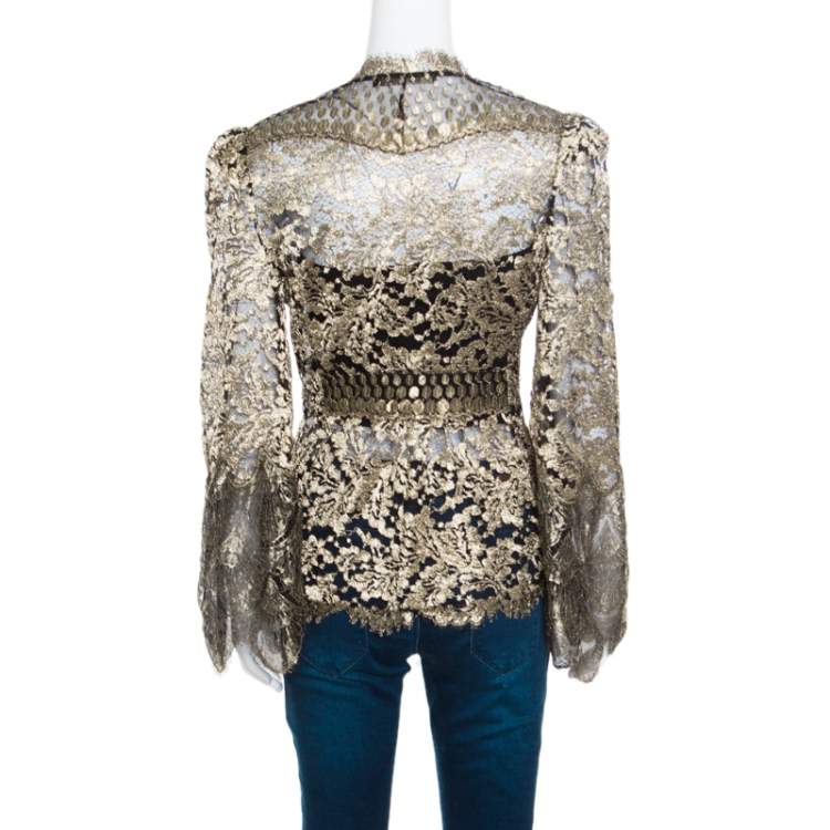 Pre Owned Roberto Cavalli Black and Gold Scalloped Trim Detail Floral Lace Jacket S