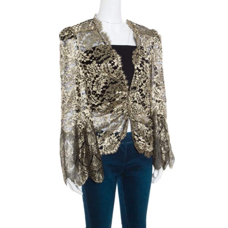 Pre Owned Roberto Cavalli Black and Gold Scalloped Trim Detail Floral Lace Jacket S