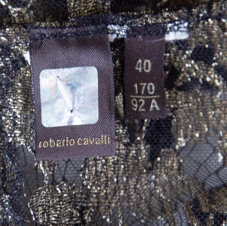Pre Owned Roberto Cavalli Black and Gold Scalloped Trim Detail Floral Lace Jacket S