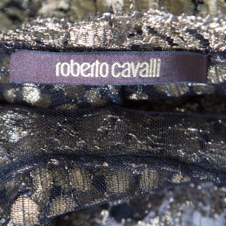 Pre Owned Roberto Cavalli Black and Gold Scalloped Trim Detail Floral Lace Jacket S