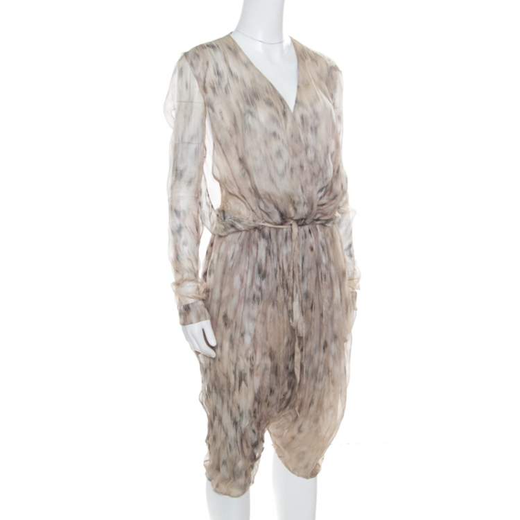 Pre Owned Roberto Cavalli Beige Printed Silk Gathered Waist Detail Cropped Harem Jumpsuit M