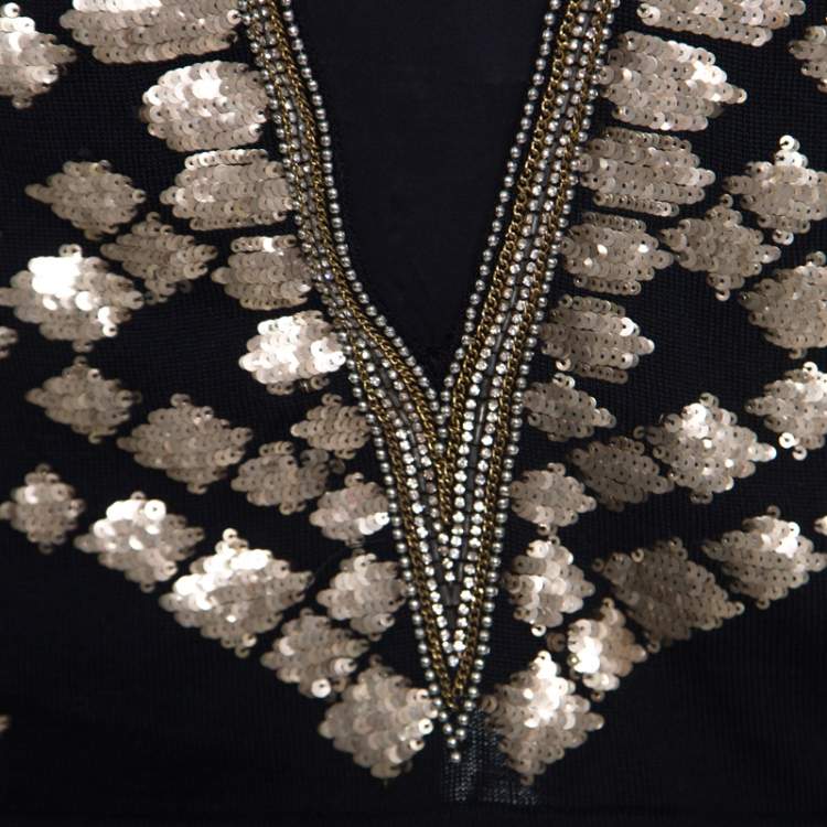 Pre Owned Roberto Cavalli Black Silk Sheer Panel Insert Embellished Sleeveless Top S