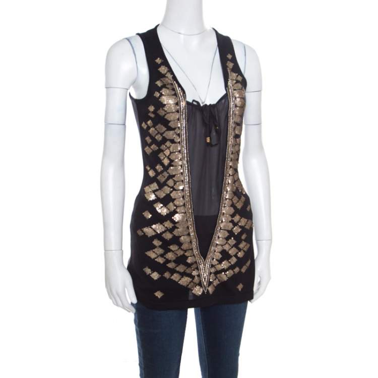 Pre Owned Roberto Cavalli Black Silk Sheer Panel Insert Embellished Sleeveless Top S