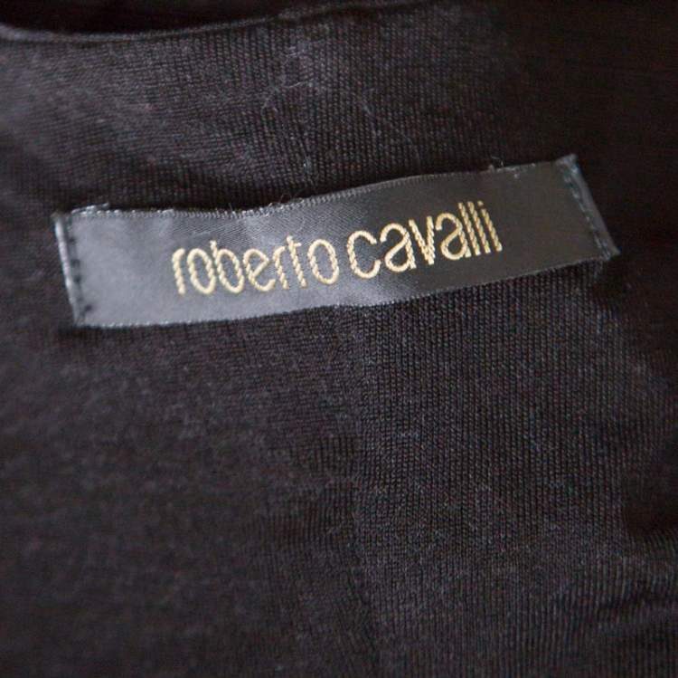 Pre Owned Roberto Cavalli Black Metal Snake Brooch Detail Gathered Jersey Top S