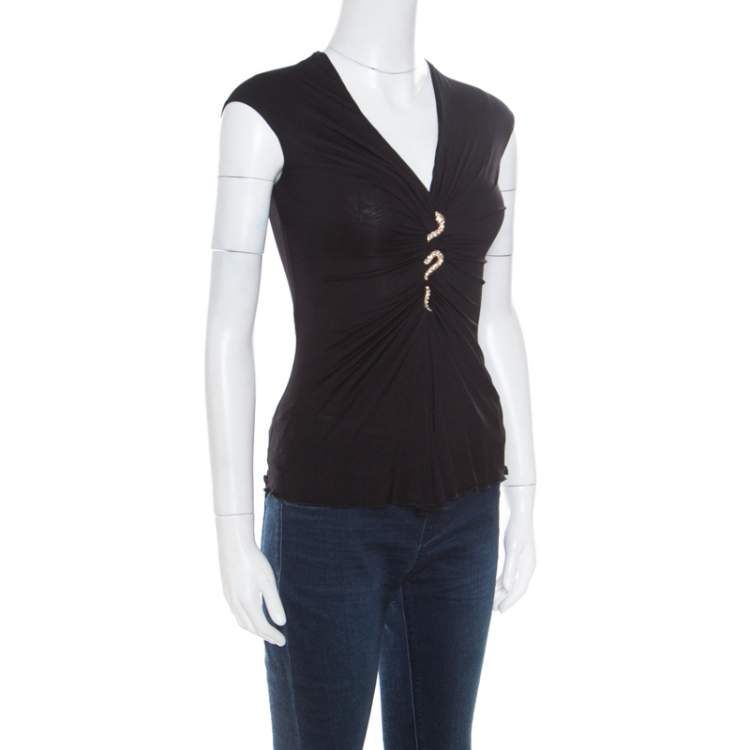 Pre Owned Roberto Cavalli Black Metal Snake Brooch Detail Gathered Jersey Top S