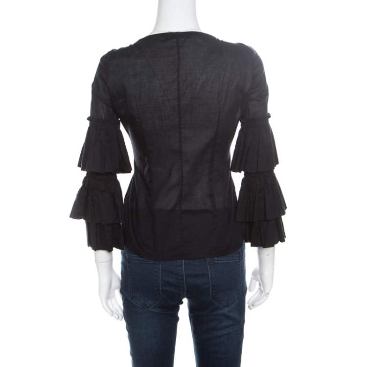 Pre Owned Roberto Cavalli Black Cotton Voile Tiered Sleeve Buttoned Blouse S