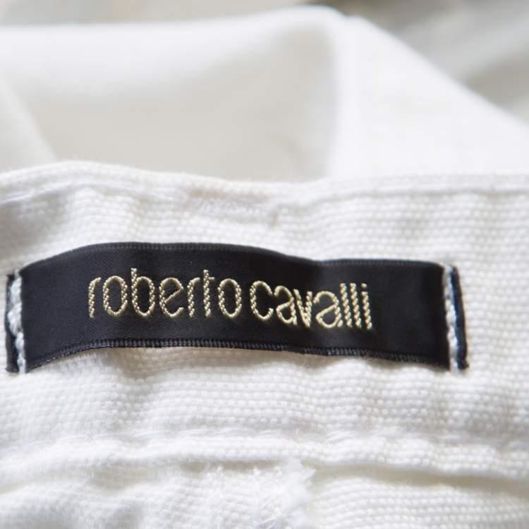 Pre Owned Roberto Cavalli Off White Foil Printed Denim Straight Jeans S