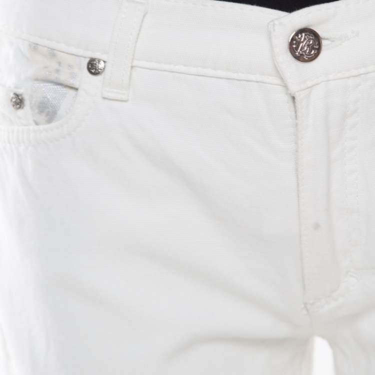 Pre Owned Roberto Cavalli Off White Foil Printed Denim Straight Jeans S