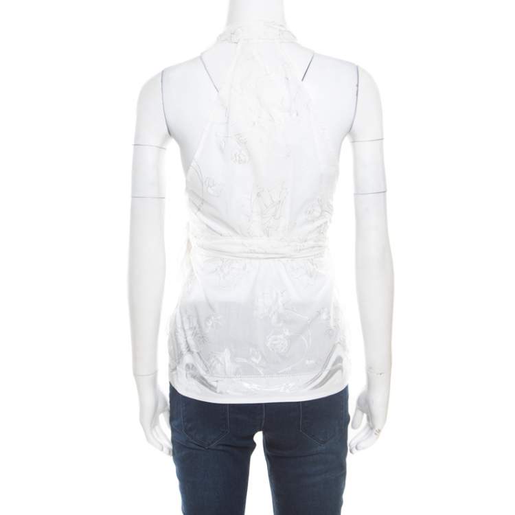 Pre Owned Roberto Cavalli Off White Foil Printed Cotton Sleeveless Wrap Top M